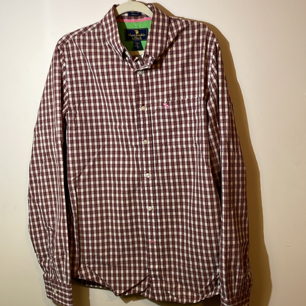 Abercrombie & Finch dress Shirt Mens XXL button collar shirt Cotton burgundy tan